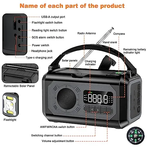 12000mAh Emergency Radio, Hand Crank Radio, Portable Solar Radio AM/FM/NOAA Weather Radio with 2 Solar Panels,3 Charging Methods,SOS Alarm,Flashlight,Phone Charger,Compass,Reading Lamp (Army Green)