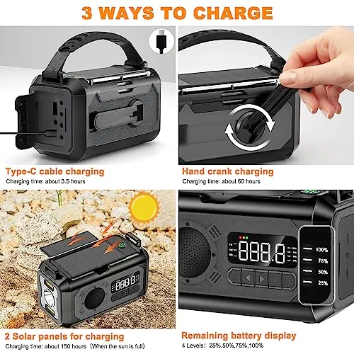 12000mAh Emergency Radio, Hand Crank Radio, Portable Solar Radio AM/FM/NOAA Weather Radio with 2 Solar Panels,3 Charging Methods,SOS Alarm,Flashlight,Phone Charger,Compass,Reading Lamp (Army Green)
