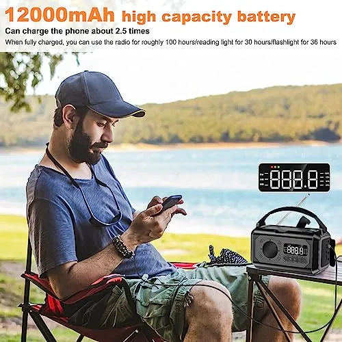 12000mAh Emergency Radio, Hand Crank Radio, Portable Solar Radio AM/FM/NOAA Weather Radio with 2 Solar Panels,3 Charging Methods,SOS Alarm,Flashlight,Phone Charger,Compass,Reading Lamp (Army Green)