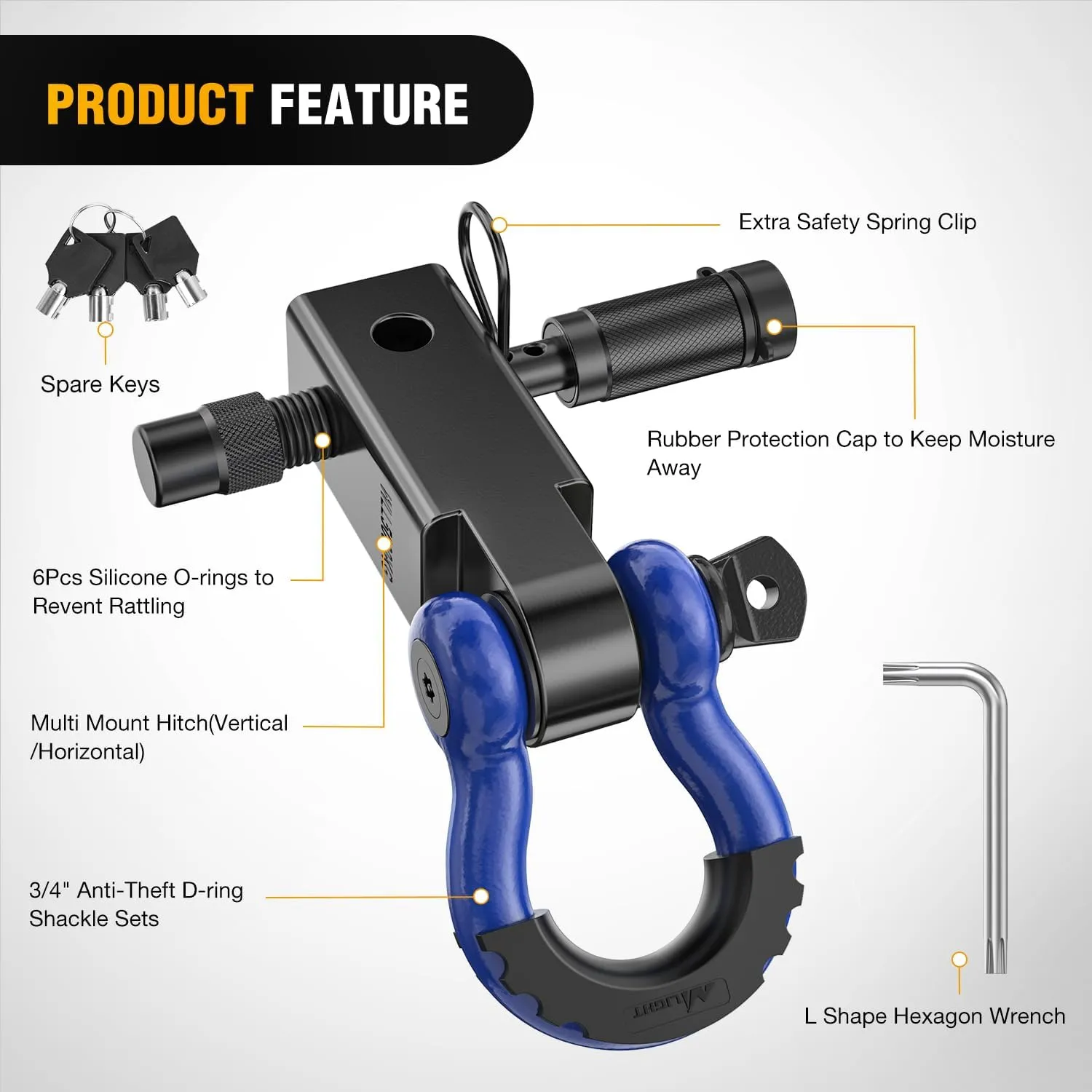 2 Inch Anti-Theft Shackle Hitch Receiver Set Blue Black