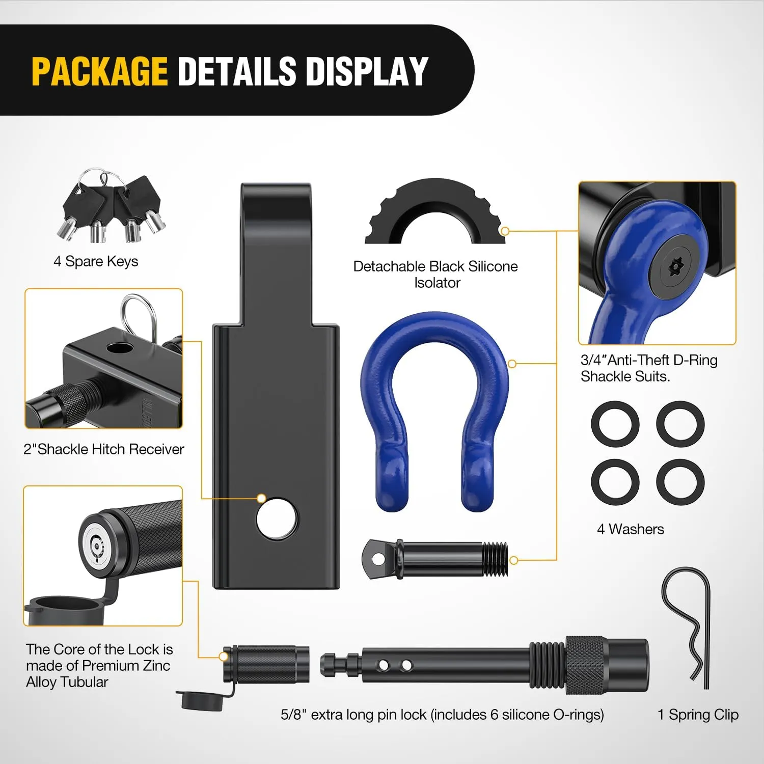 2 Inch Anti-Theft Shackle Hitch Receiver Set Blue Black