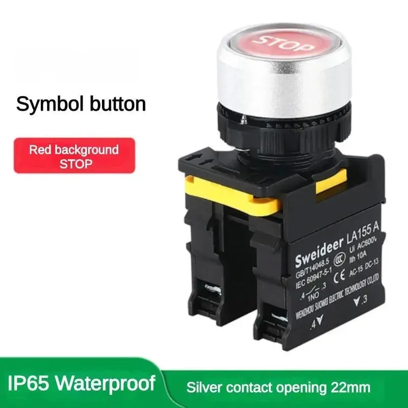 22mm Button Switch Waterproof Momentary Self Reset Self Locking Flat Head Start Stop Arrow Symbol Power Push Button Switch 10A