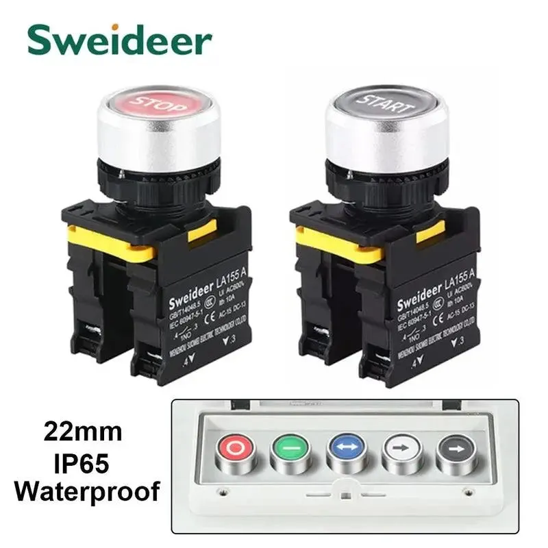 22mm Button Switch Waterproof Momentary Self Reset Self Locking Flat Head Start Stop Arrow Symbol Power Push Button Switch 10A
