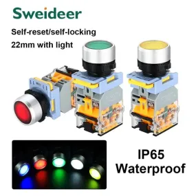 22mm Waterproof Push Button Switch with LED Momentary Reset Self Locking Power Button Switch with Light 6V 24V 380V 10A 2NO 2NC