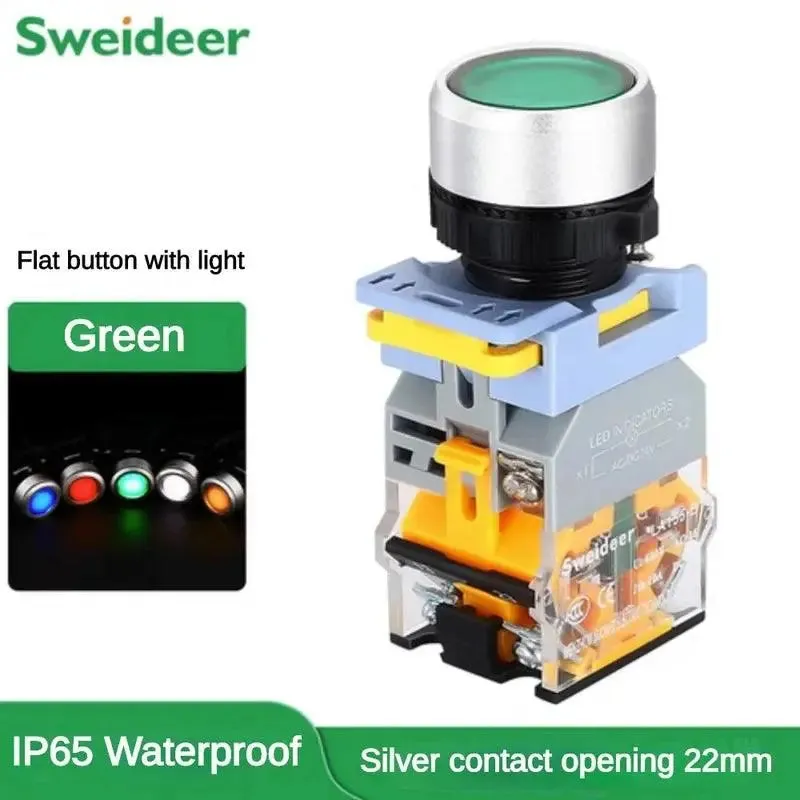 22mm Waterproof Push Button Switch with LED Momentary Reset Self Locking Power Button Switch with Light 6V 24V 380V 10A 2NO 2NC