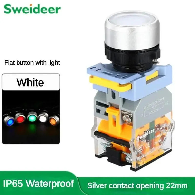 22mm Waterproof Push Button Switch with LED Momentary Reset Self Locking Power Button Switch with Light 6V 24V 380V 10A 2NO 2NC