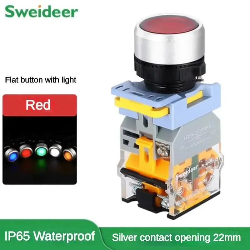 22mm Waterproof Push Button Switch with LED Momentary Reset Self Locking Power Button Switch with Light 6V 24V 380V 10A 2NO 2NC