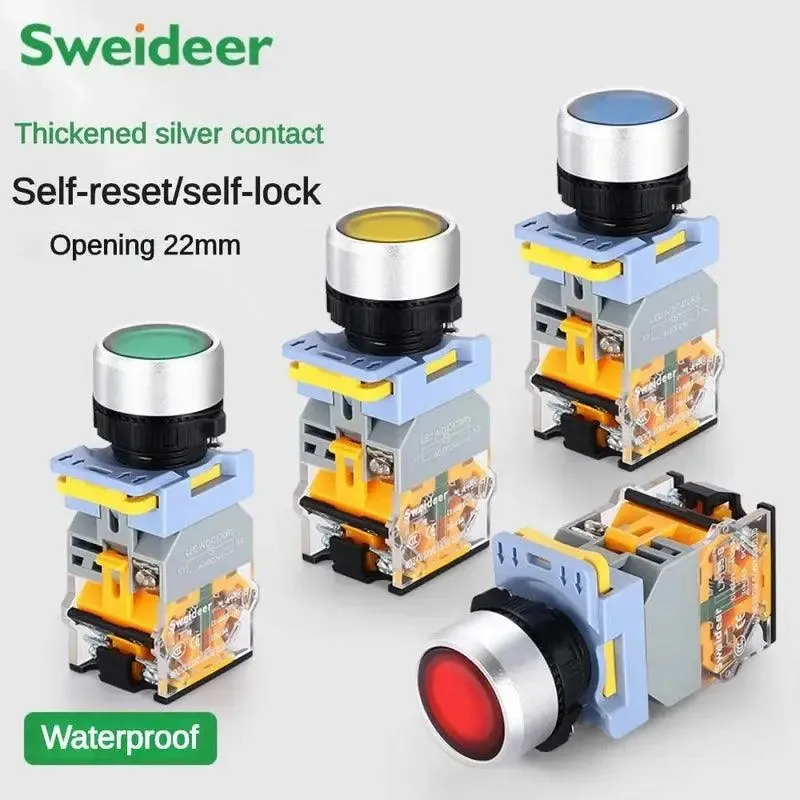 22mm Waterproof Push Button Switch with LED Momentary Reset Self Locking Power Button Switch with Light 6V 24V 380V 10A 2NO 2NC
