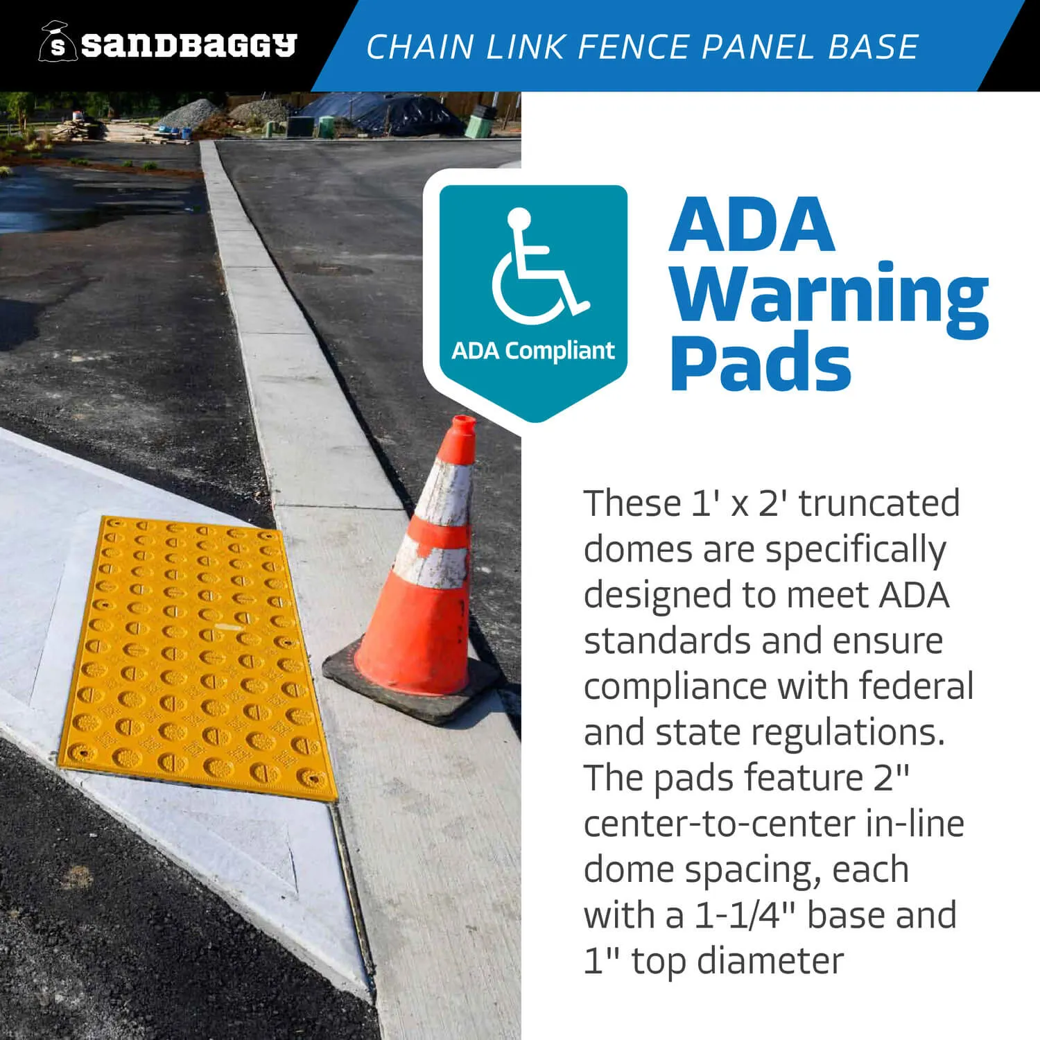 ADA Warning Pads - Truncated Domes for Surface Mount (UV Protected) - 12" x 24" x 1/2", Yellow