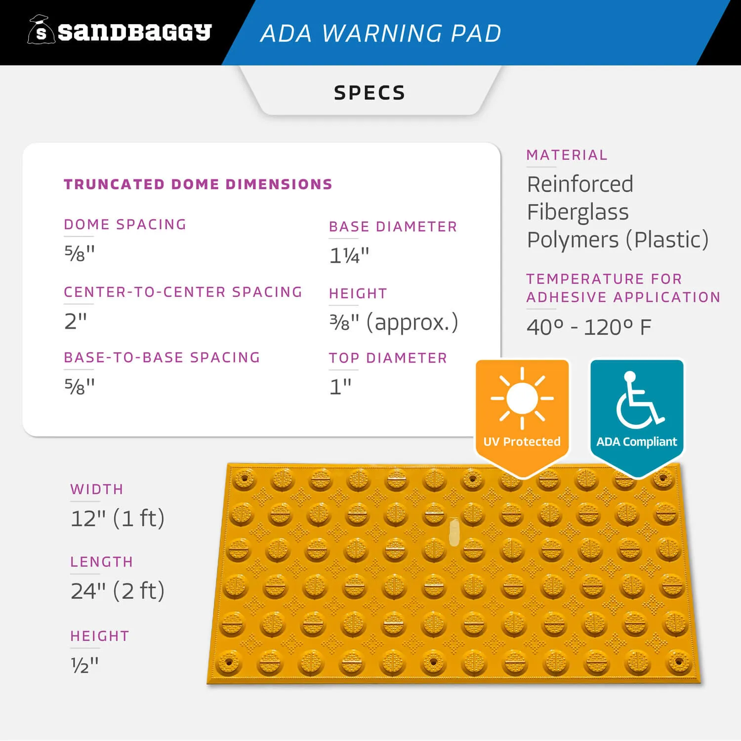 ADA Warning Pads - Truncated Domes for Surface Mount (UV Protected) - 12" x 24" x 1/2", Yellow