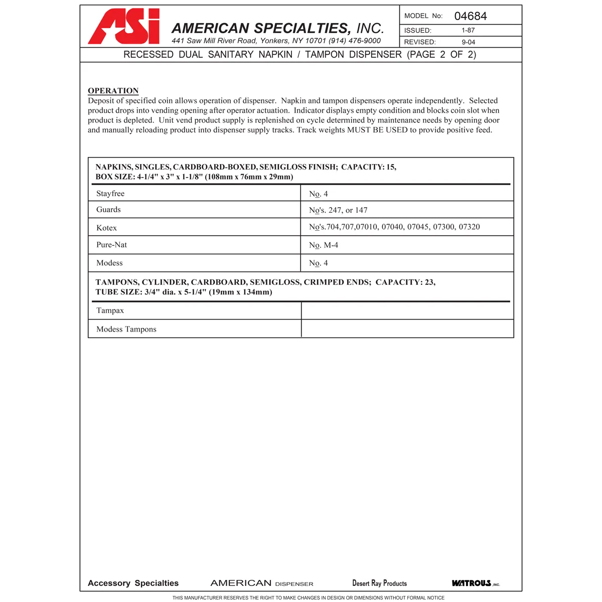 ASI 04684-50 Commercial Restroom Sanitary Napkin/ Tampon Dispenser, 50 Cents, Recessed-Mounted, Stainless Steel