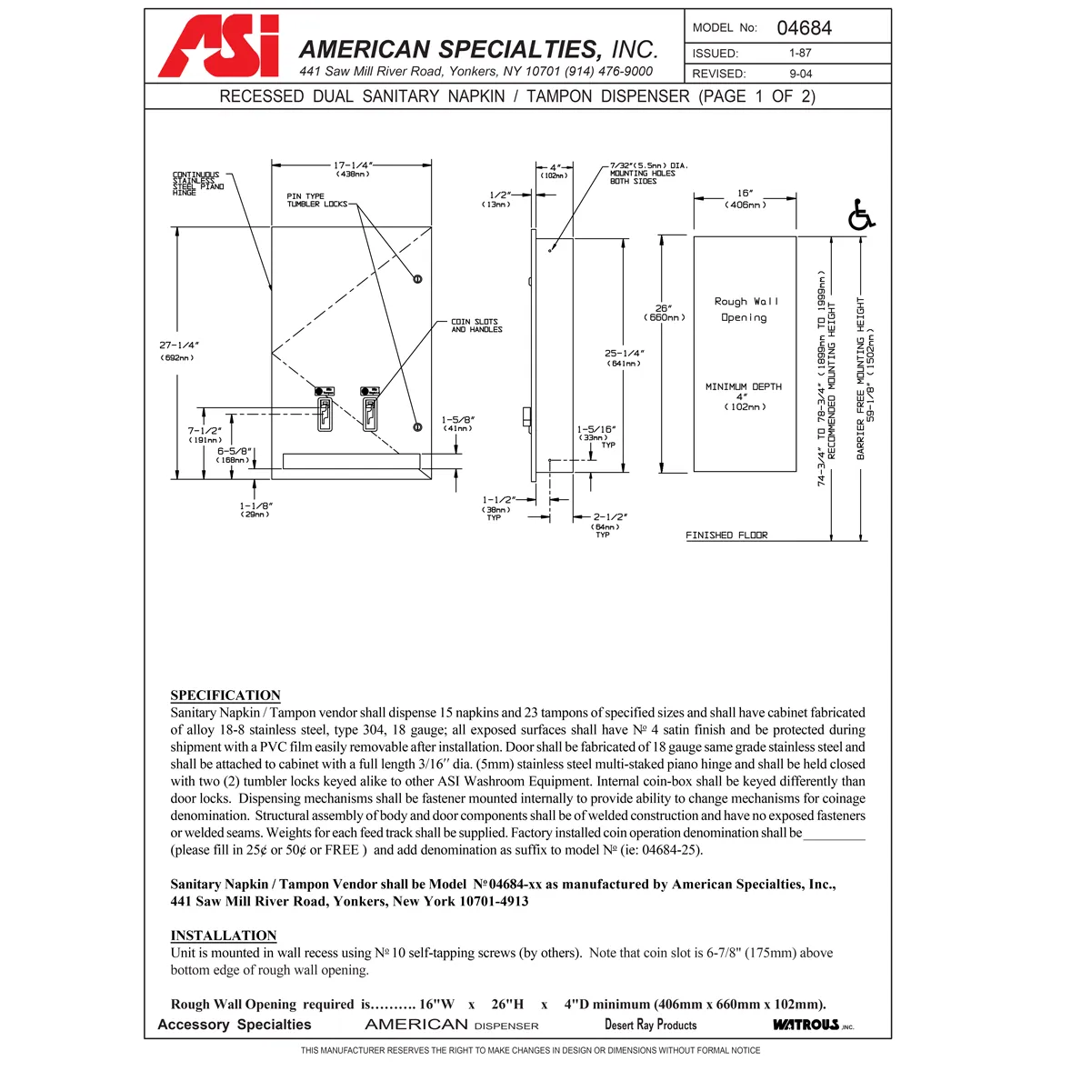 ASI 04684-50 Commercial Restroom Sanitary Napkin/ Tampon Dispenser, 50 Cents, Recessed-Mounted, Stainless Steel