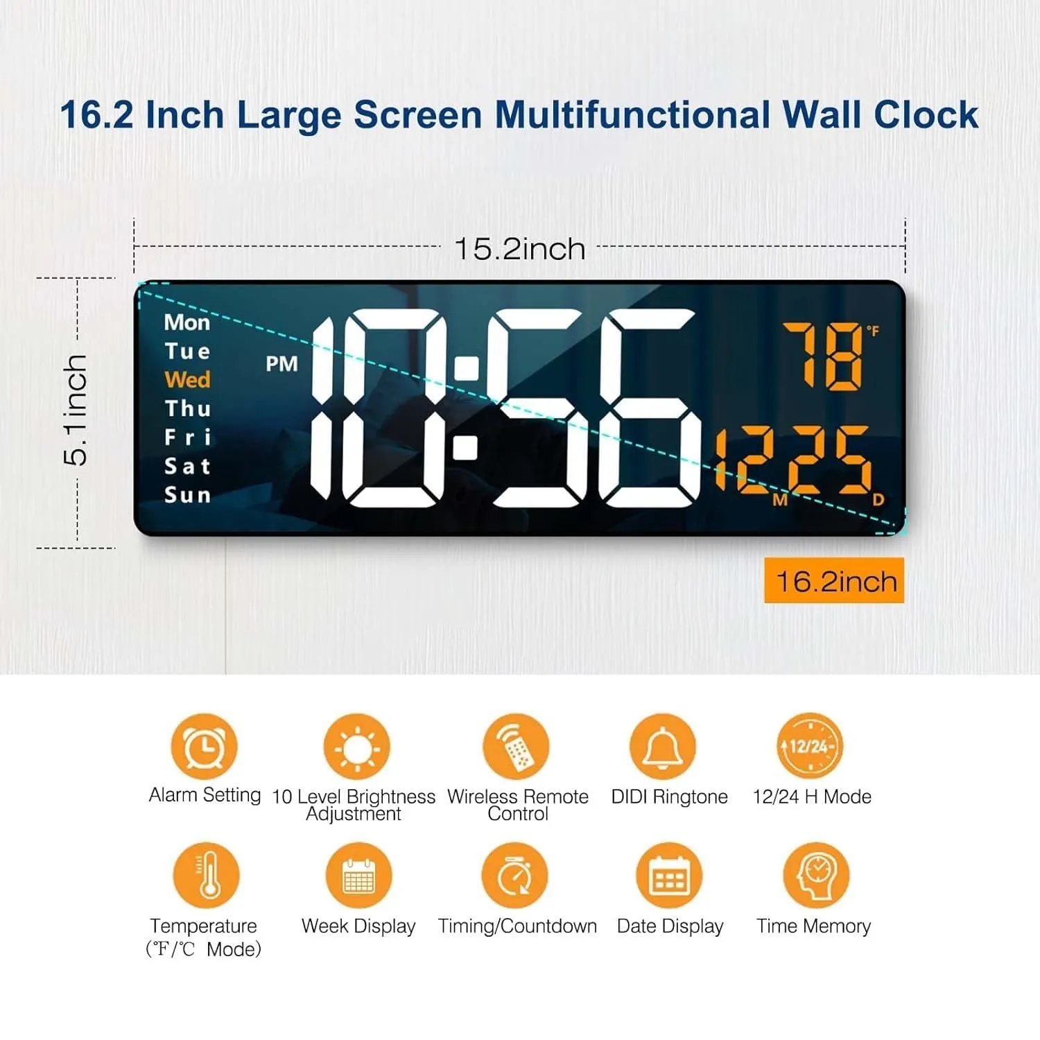 BLEQYS® Digital Wall Clock Large Display, 16.2 Inch Large Wall Clocks, Led Digital Clock with Remote Control/Automatic Brightness Dimmer Big Clock with Date Week Temperature (Multi)