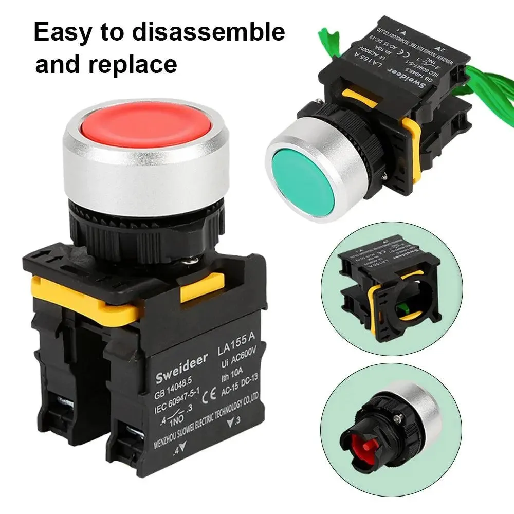 Button Switch Waterproof Momentary Self Reset Self Locking Flat Round Head 22mm Power Push Button Switch 10A 1NO 1NC Red Green