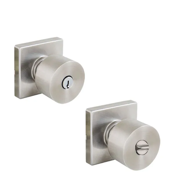 Contemporary Flat Ball Door Knob Set - Entrance - Square Rose - Satin Nickel - Grade 3  (SC1)