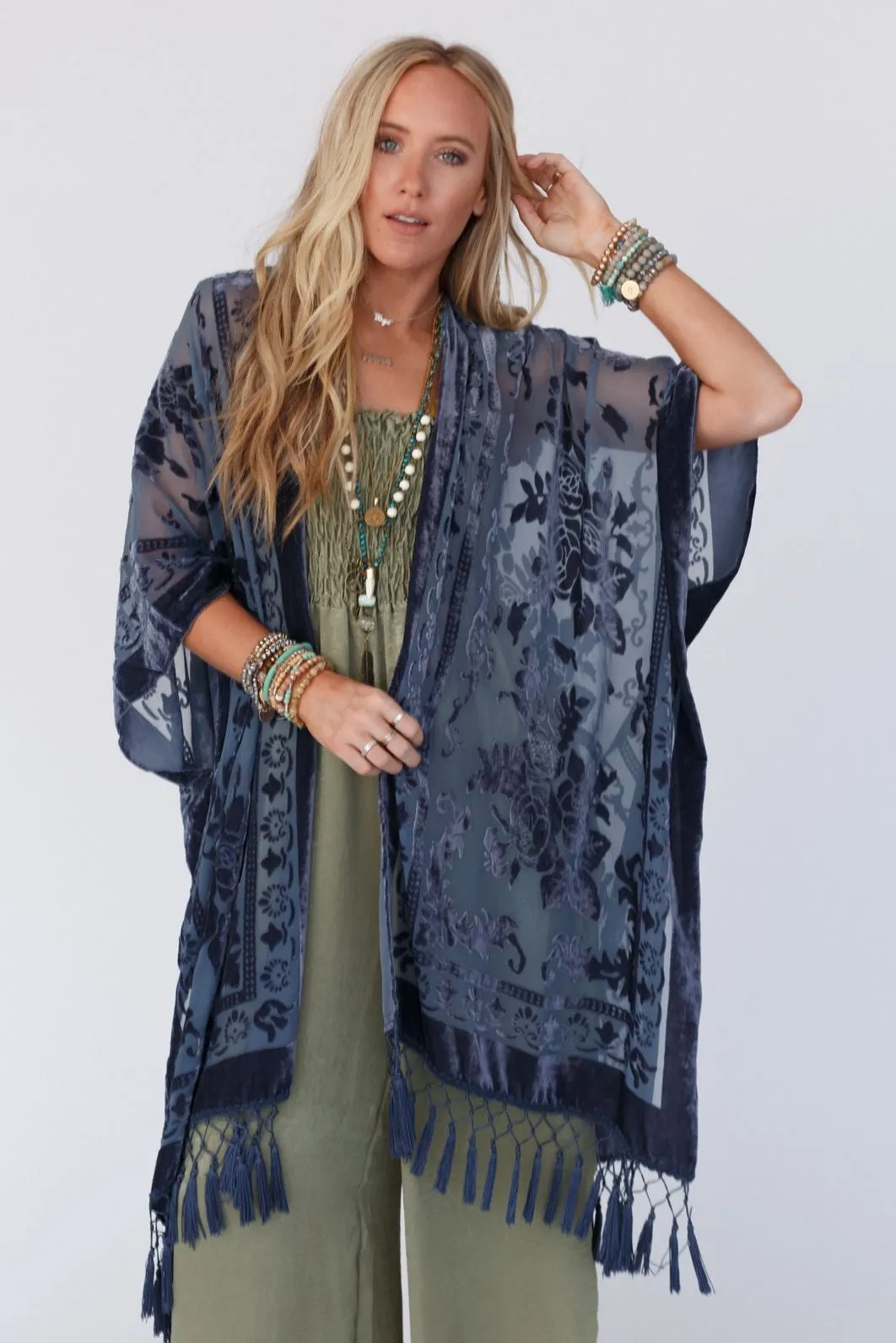 Crushin' On You Velvet Kimono - Navy Blue