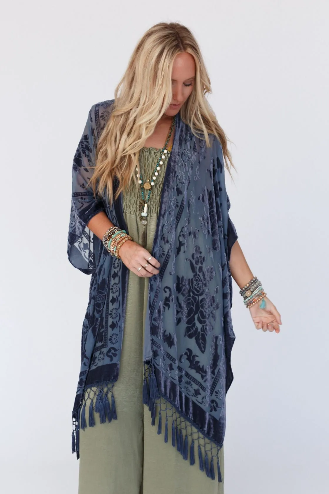 Crushin' On You Velvet Kimono - Navy Blue