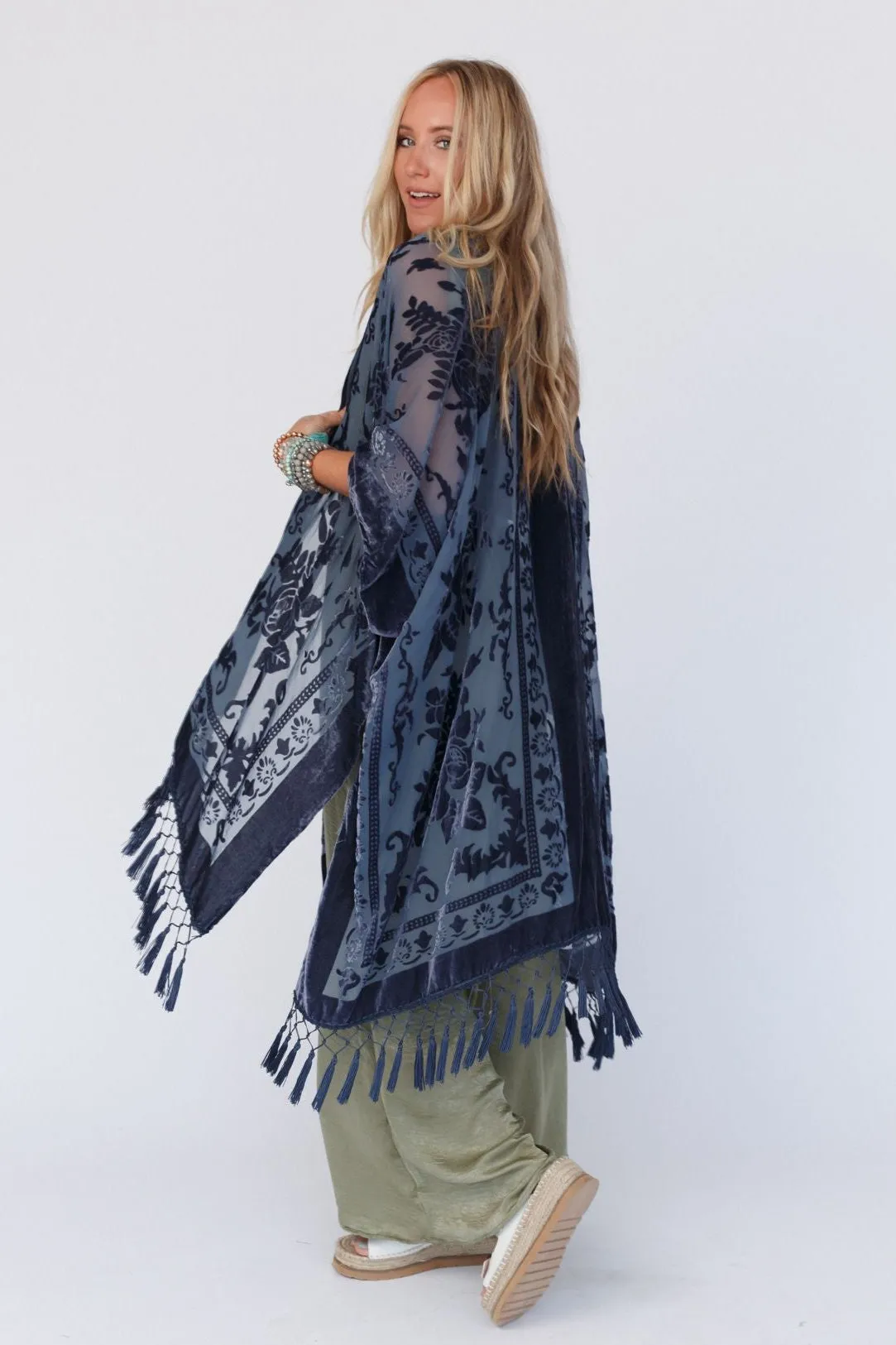 Crushin' On You Velvet Kimono - Navy Blue