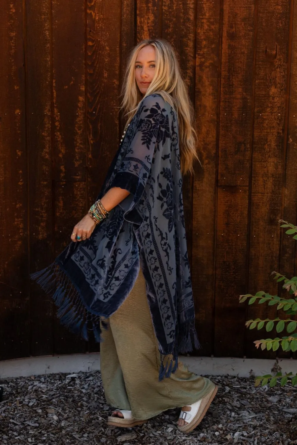Crushin' On You Velvet Kimono - Navy Blue