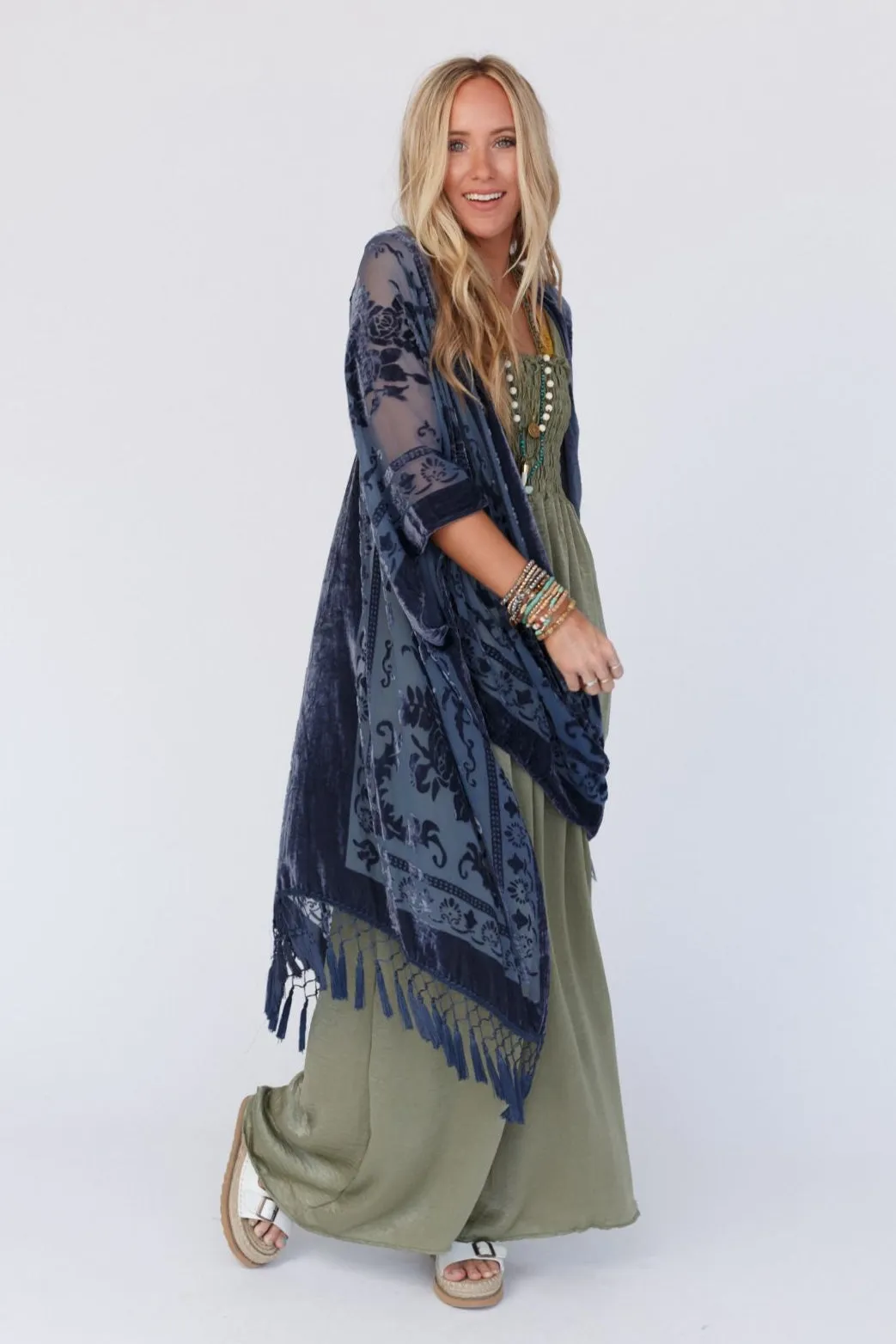 Crushin' On You Velvet Kimono - Navy Blue