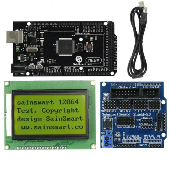 [Discontinued] SainSmart Mega2560 R3 12864 LCD Yellow Sensor Shield V5 Kit For Arduino AVR ATmega8U2