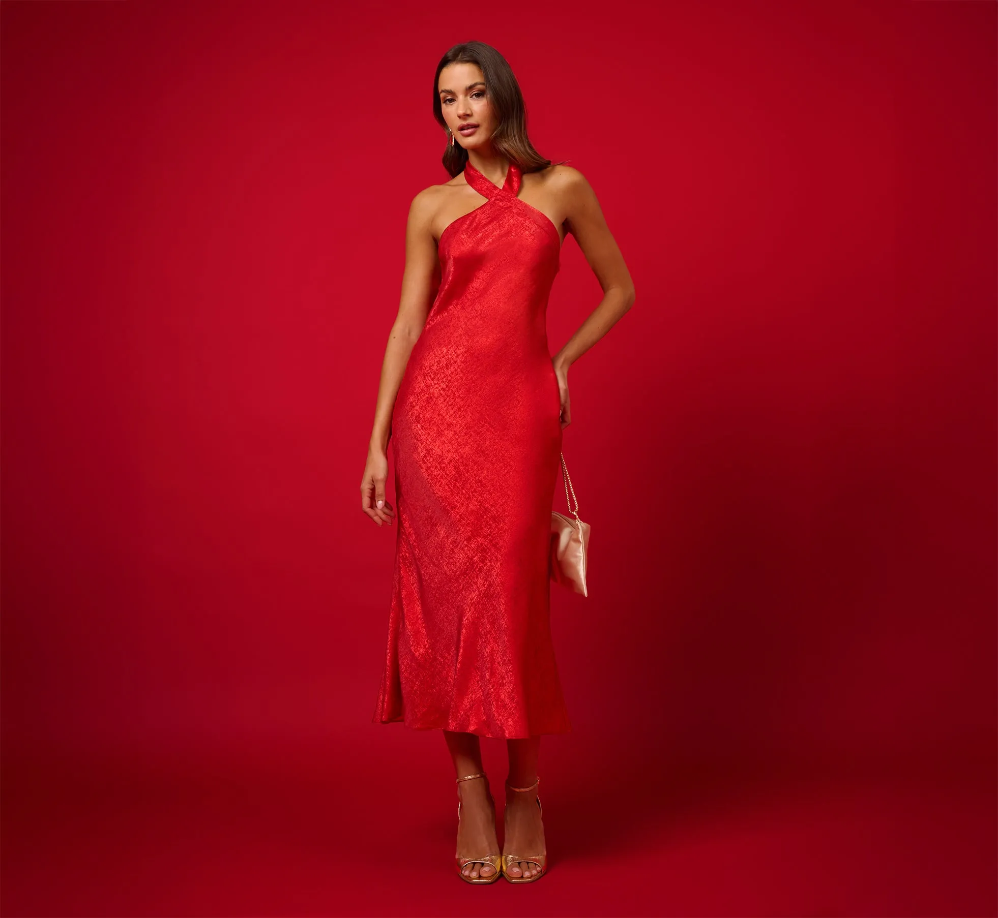 Foil Woven Halter Midi Dress In Red