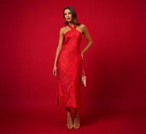 Foil Woven Halter Midi Dress In Red
