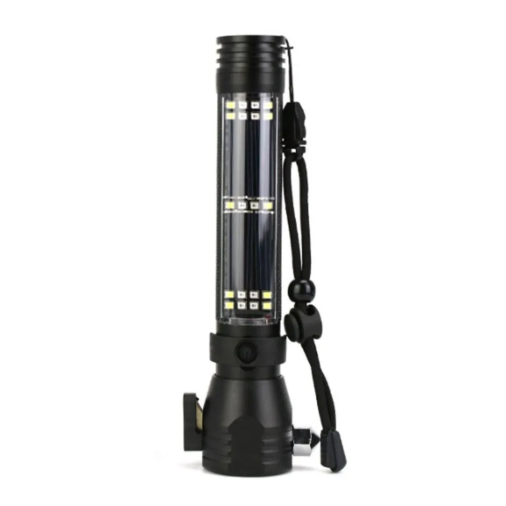H04-T01 Solar Powered Tactical Flashlight Multi Function Outdoor Car LED Flashlight Ultra Bright Torch Light, with Safety Hammer