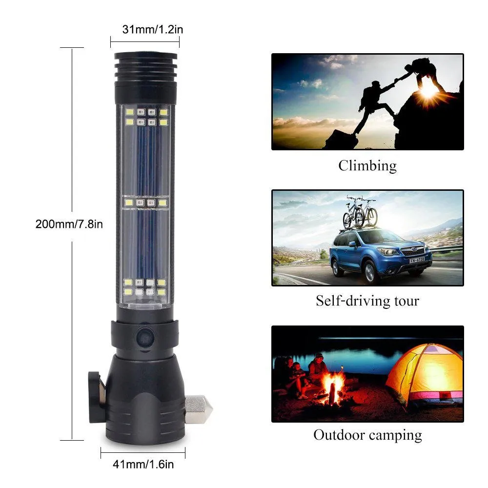 H04-T01 Solar Powered Tactical Flashlight Multi Function Outdoor Car LED Flashlight Ultra Bright Torch Light, with Safety Hammer
