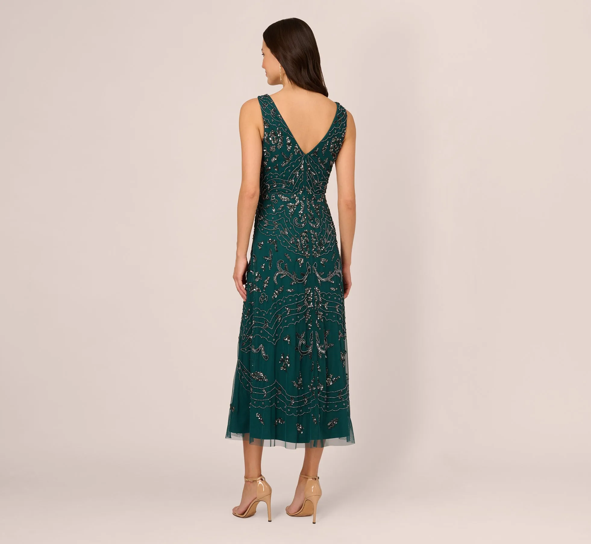 Hand-Beaded Ankle-Length Dress In Gem Green