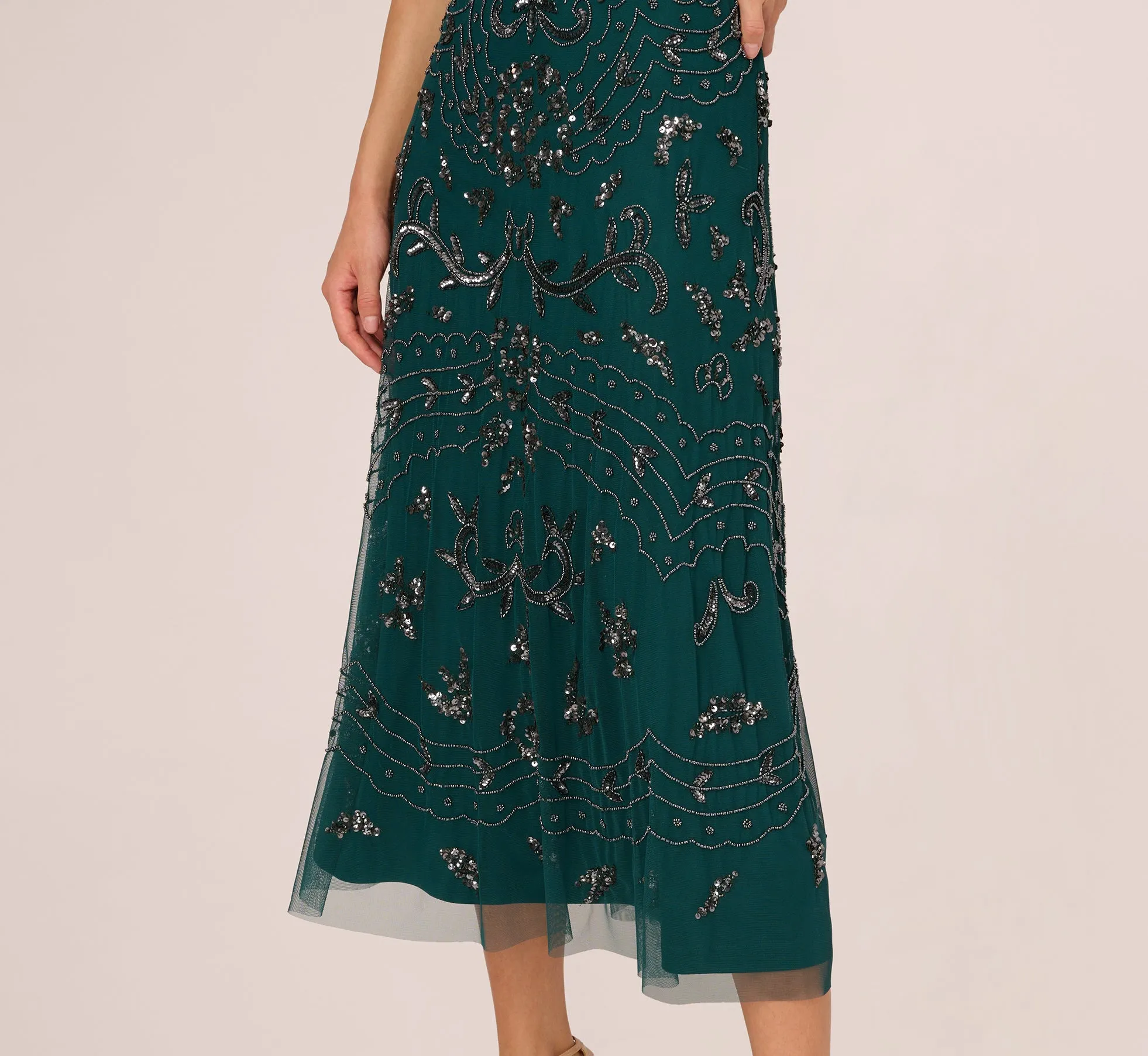 Hand-Beaded Ankle-Length Dress In Gem Green