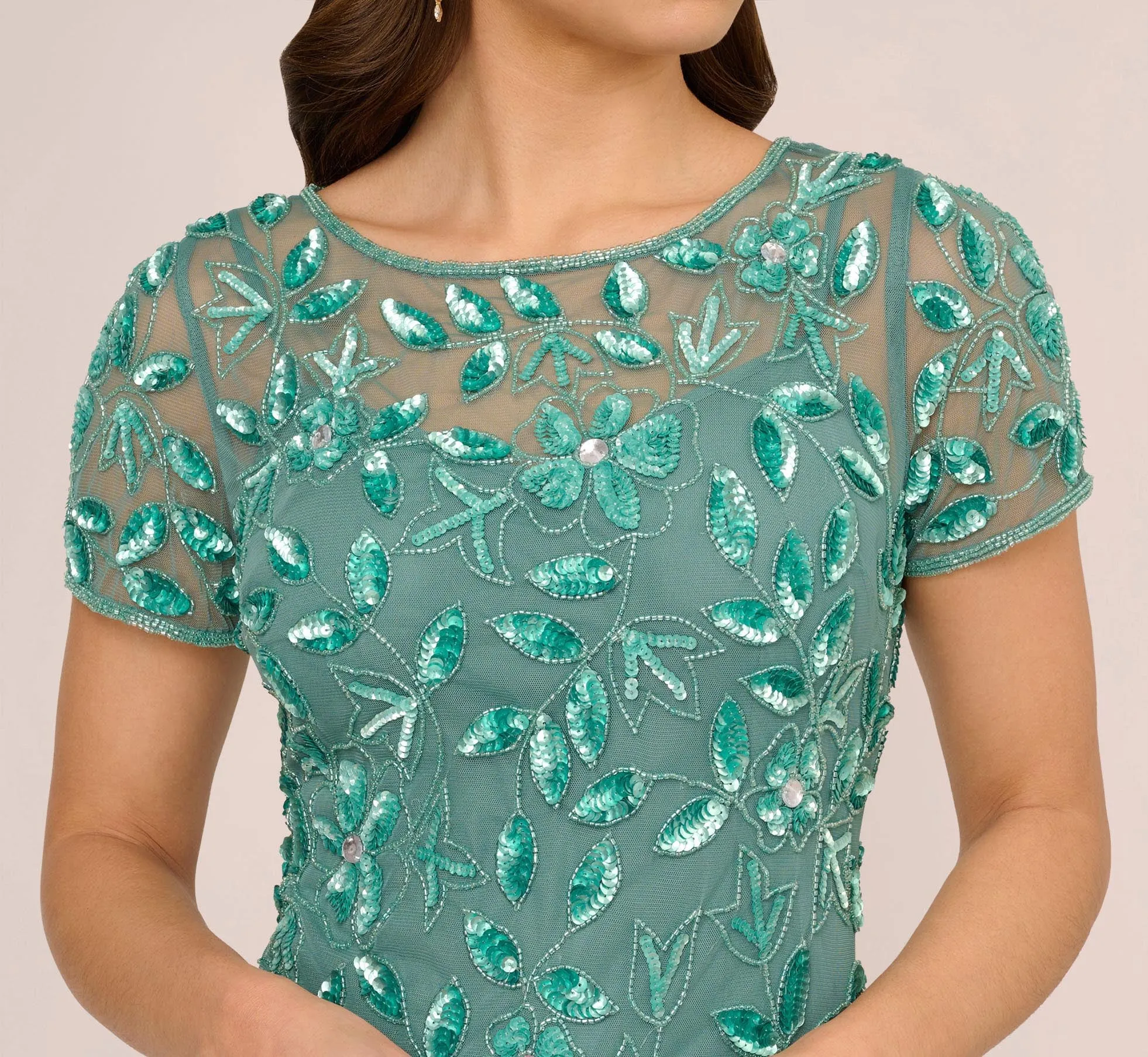 Hand Beaded Short Sleeve Floral Godet Gown In Green Slate