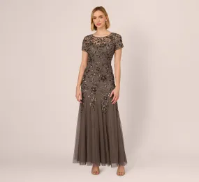 Hand Beaded Short Sleeve Floral Godet Gown In Lead