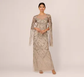 Illusion Beaded Cape Dress In Platinum