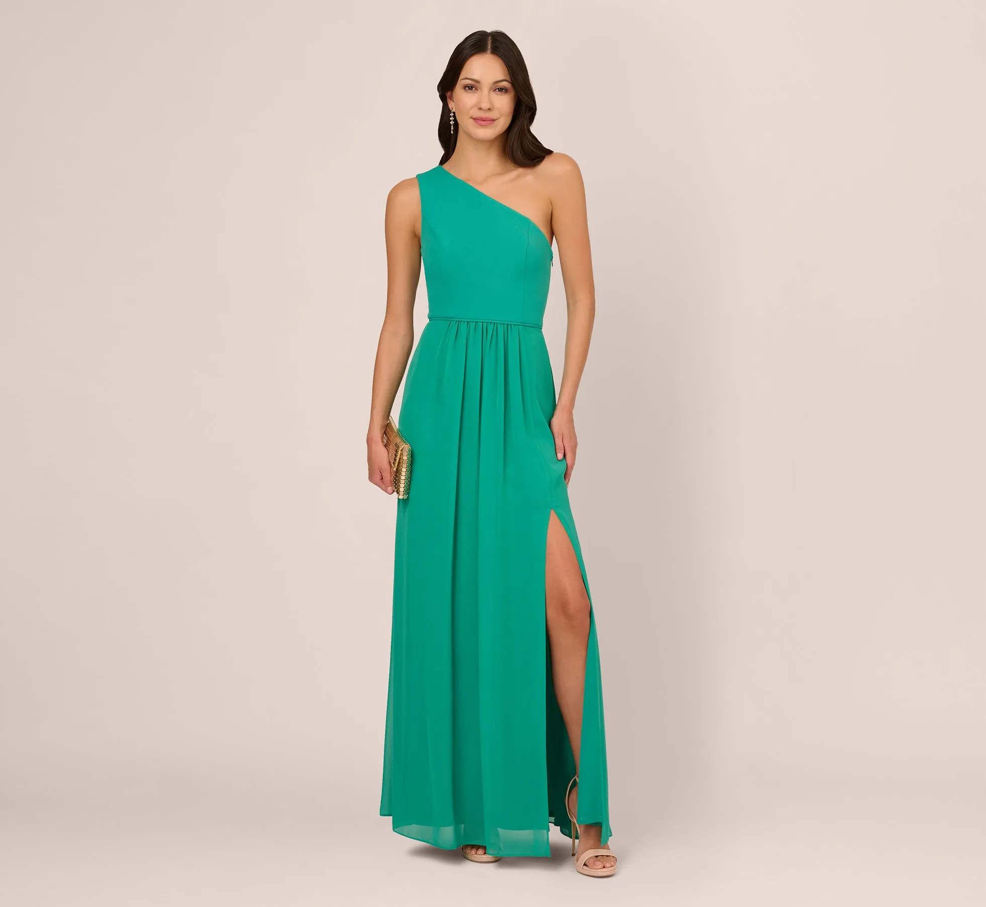 One-Shoulder Chiffon Long Gown In Botanic Green