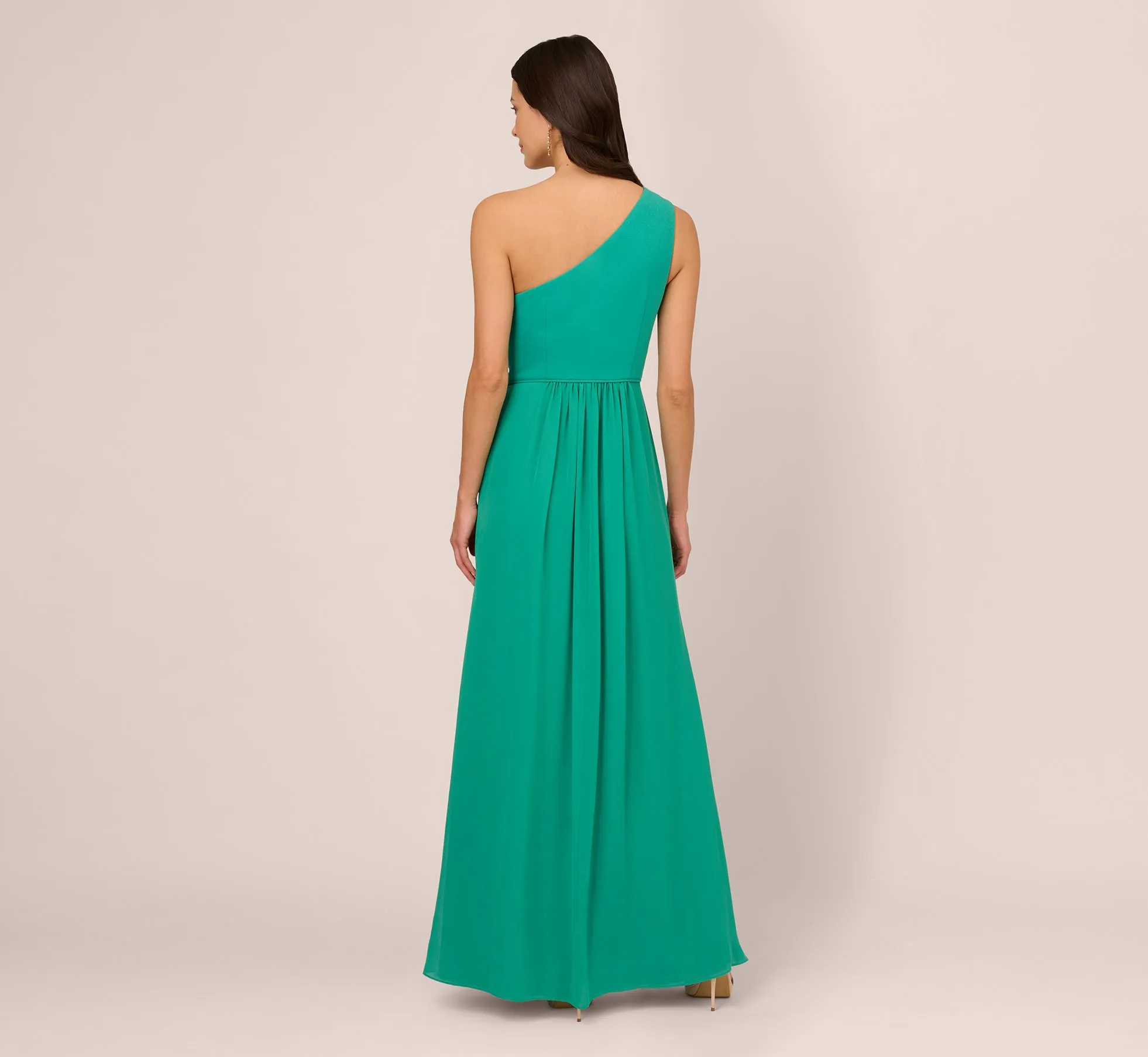 One-Shoulder Chiffon Long Gown In Botanic Green