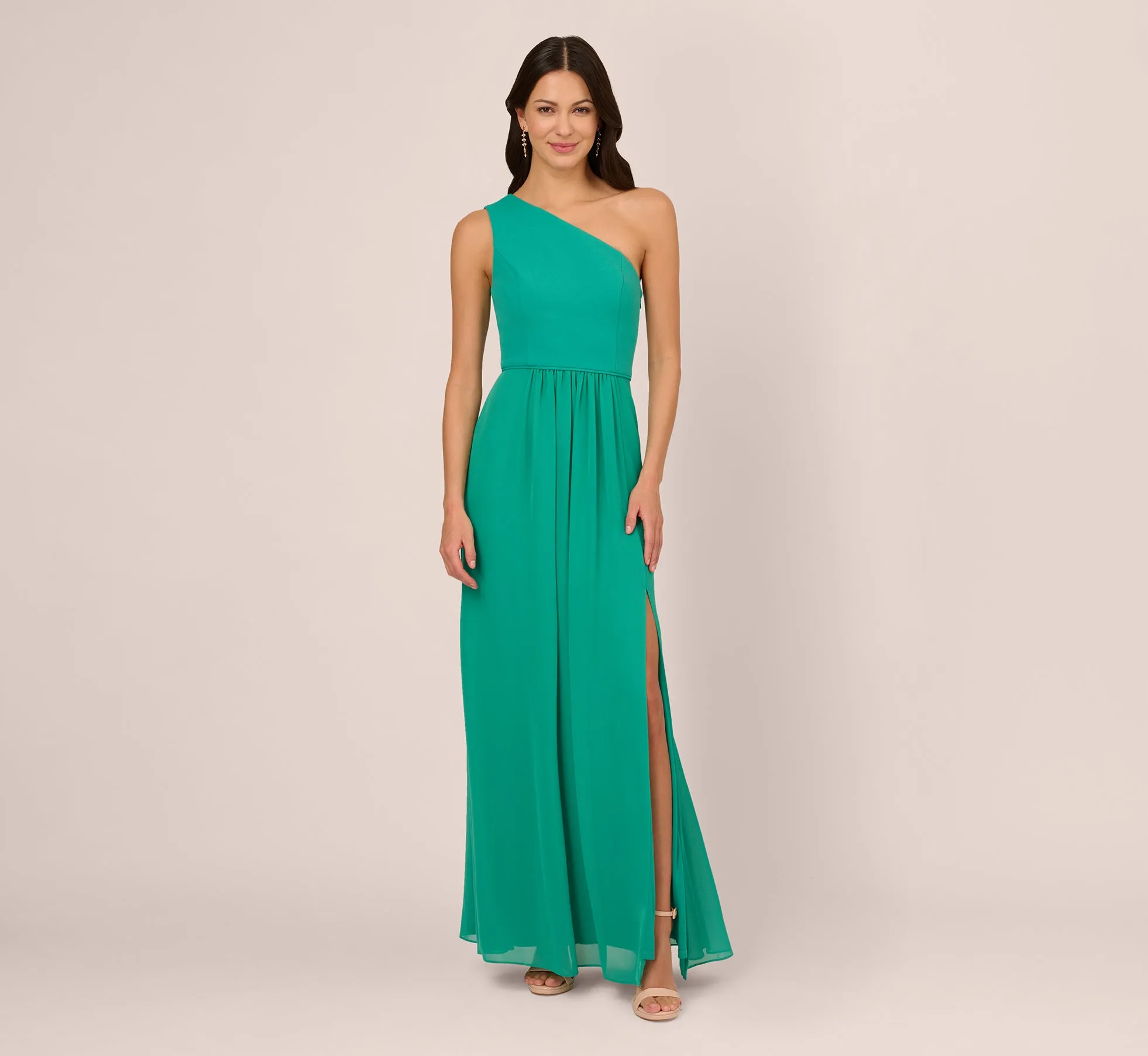 One-Shoulder Chiffon Long Gown In Botanic Green