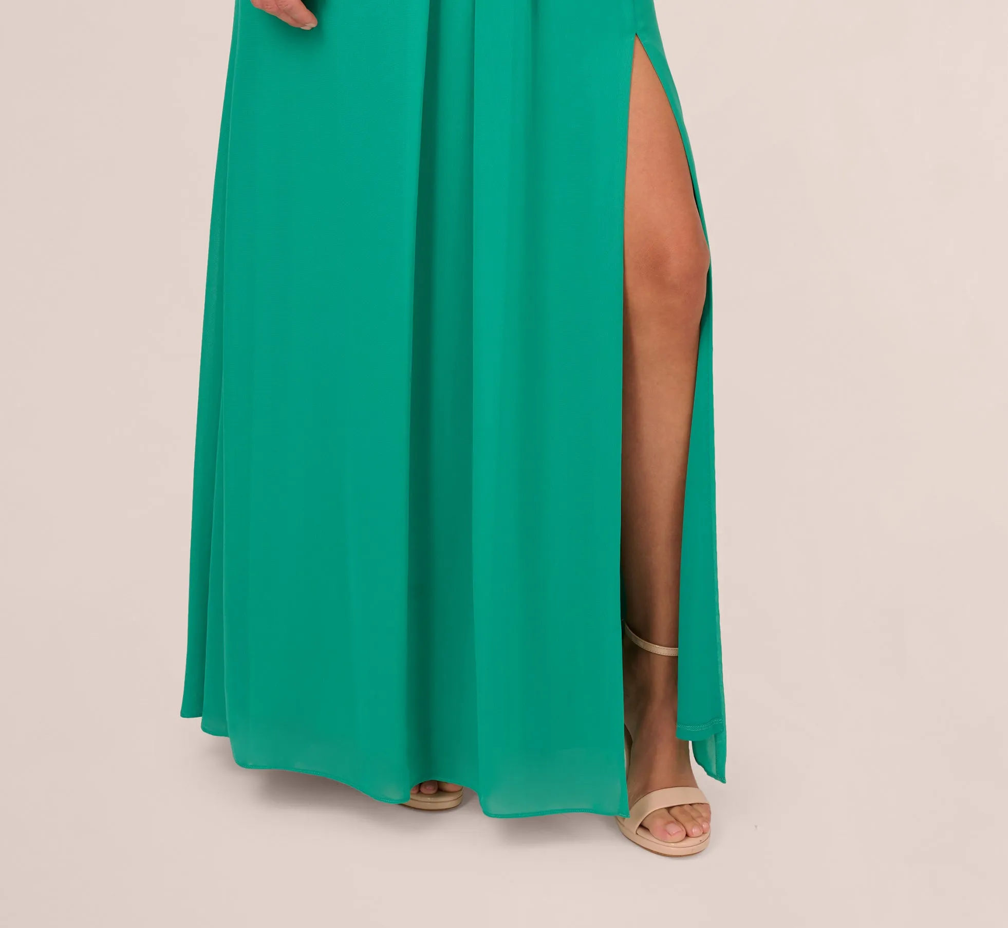 One-Shoulder Chiffon Long Gown In Botanic Green
