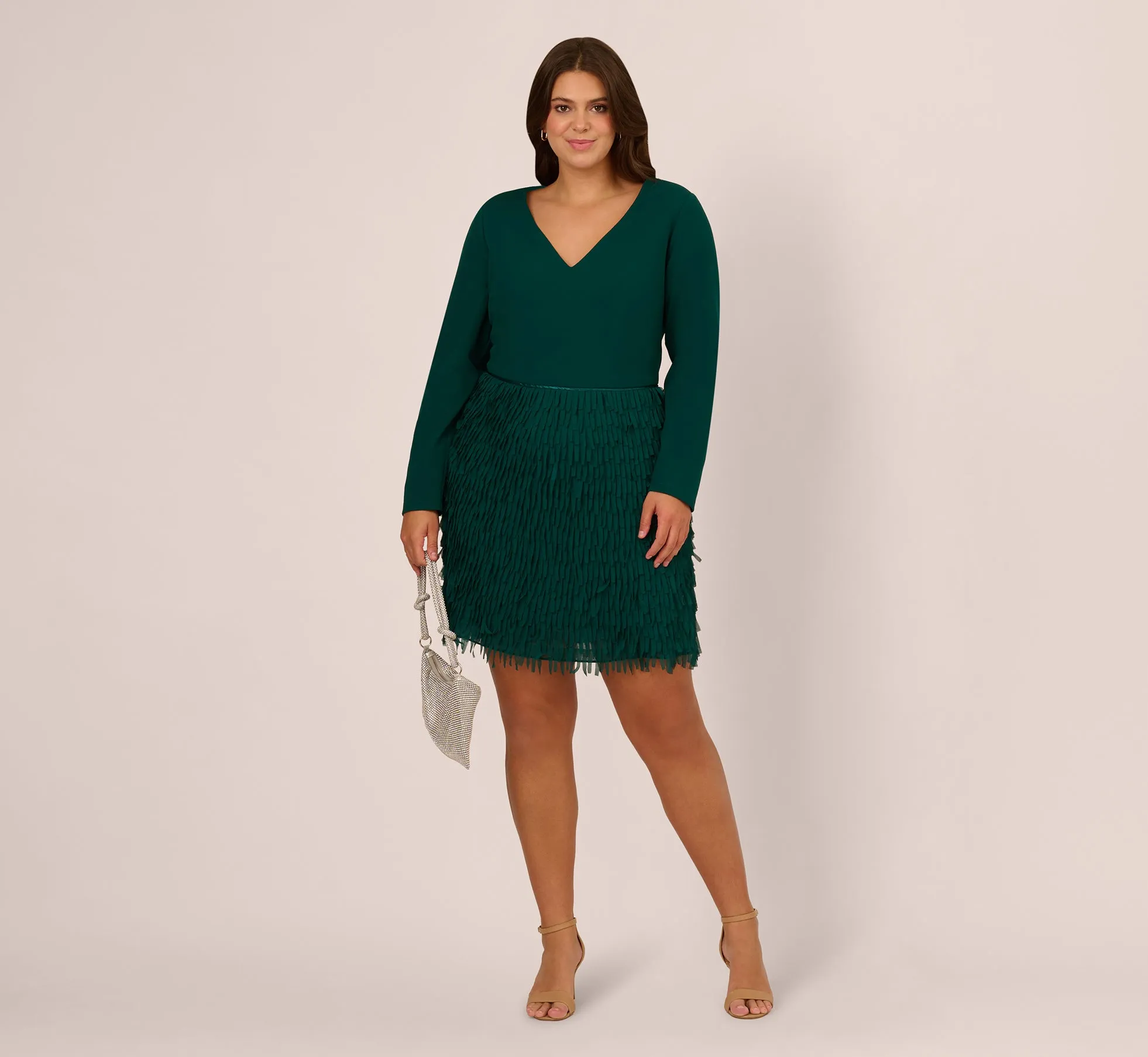Plus Size Combo Fabric Fringe Mini Dress In Dark Ivy