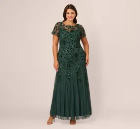 Plus Size Hand Beaded Short Sleeve Floral Godet Gown In Dusty Emerald