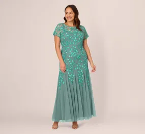 Plus Size Hand Beaded Short Sleeve Floral Godet Gown In Green Slate
