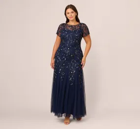 Plus Size Hand Beaded Short Sleeve Floral Godet Gown In Light Navy