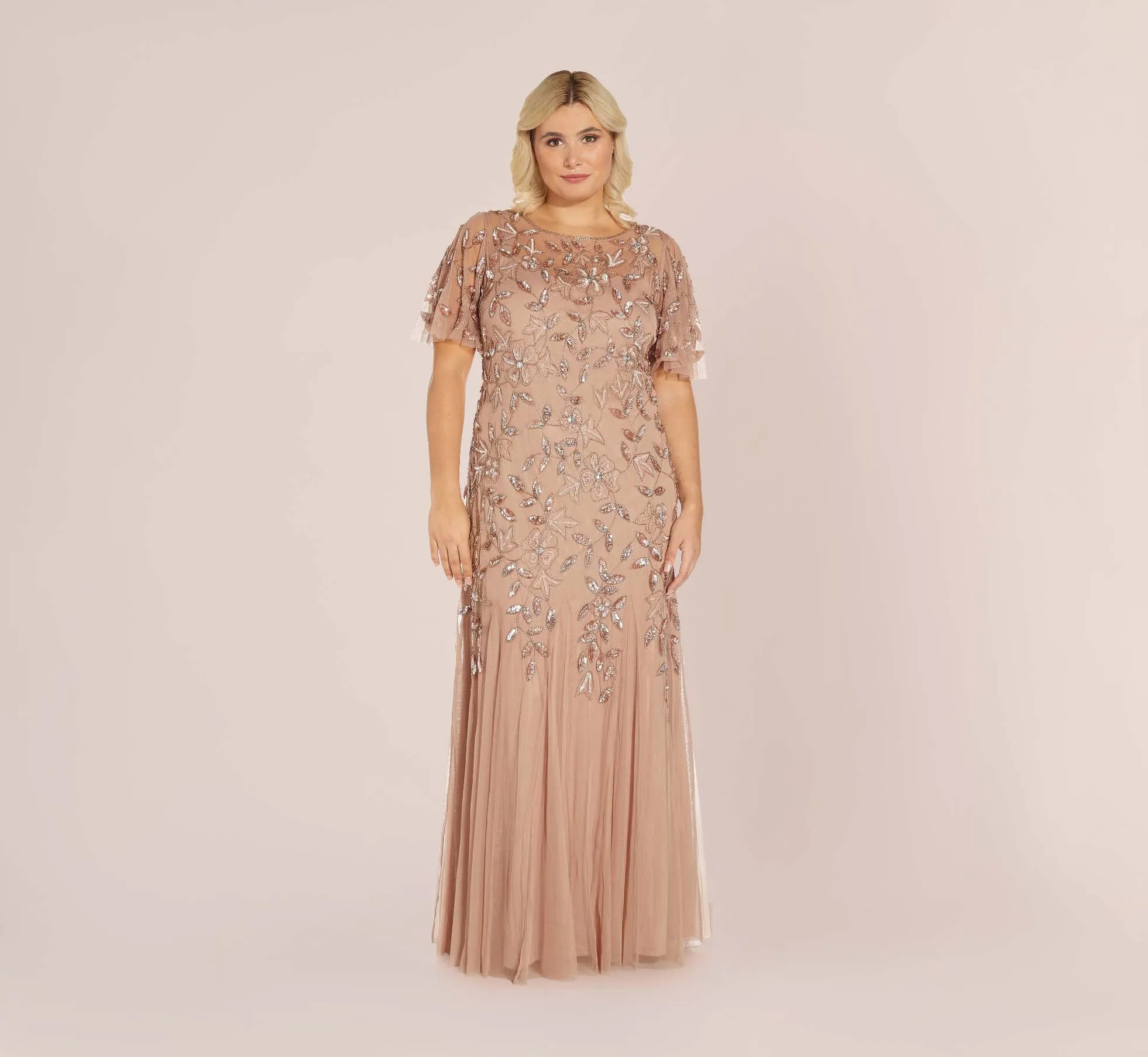 Plus Size Long Floral Beaded Gown With Flutter Sleeves In Rose Gold
