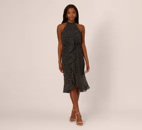 Shirred Dot Chiffon Midi Dress In Black Ivory