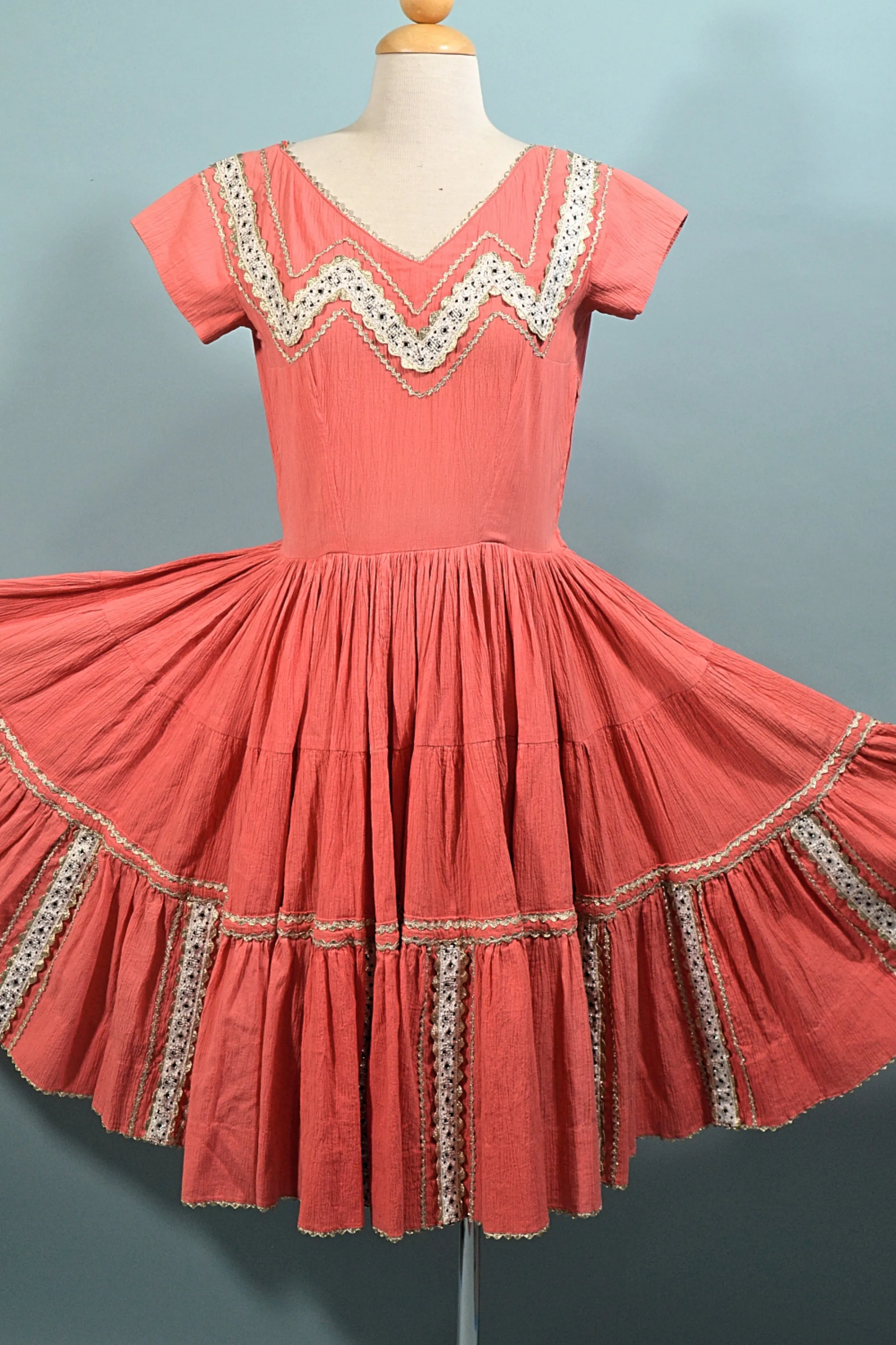 Vintage 50s Southwestern Patio Dress, Boho Square Dance Crepe Dress, M