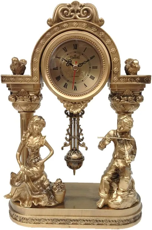 Vintage Pendulum  Table Clock Golden Statues and Musical Theme