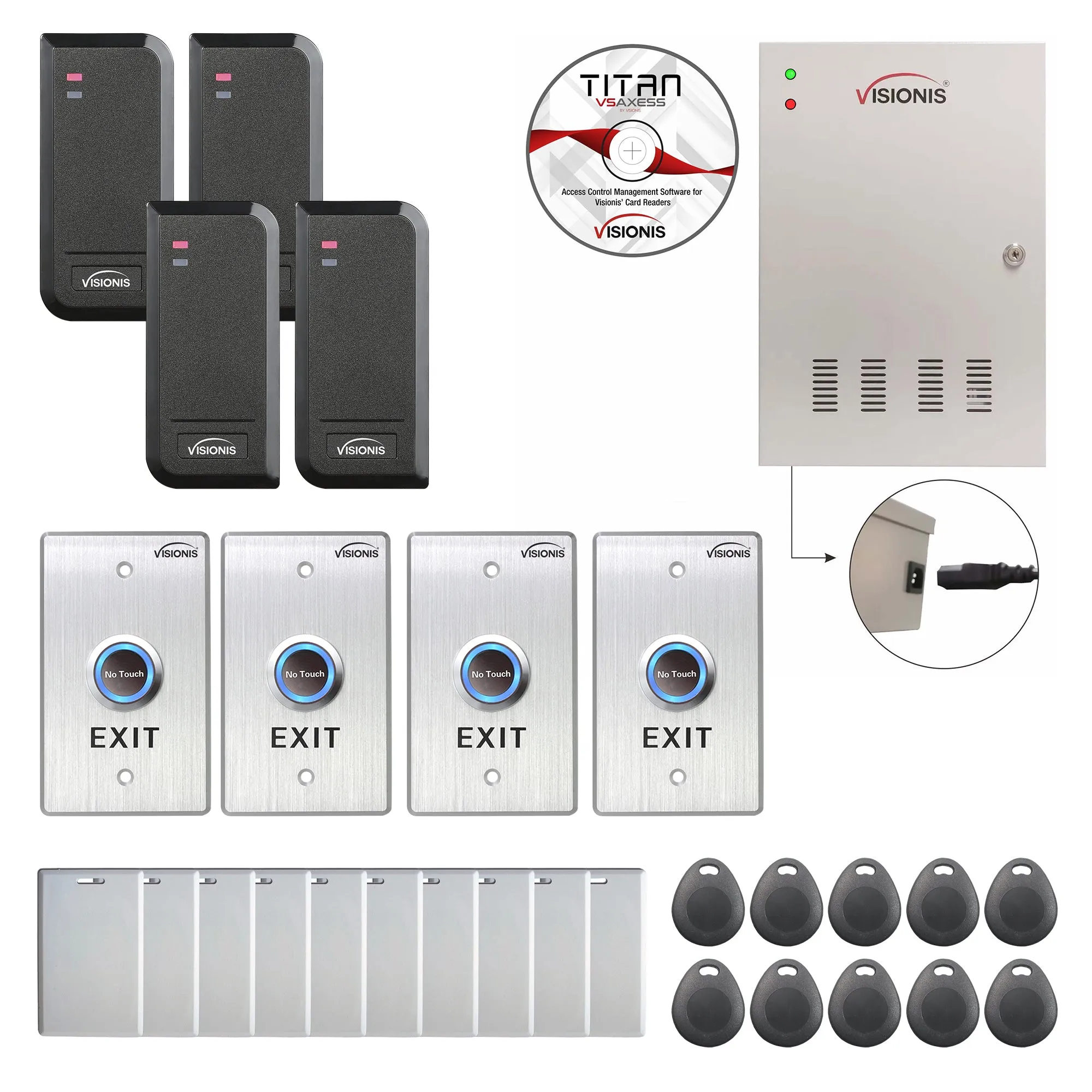 Visionis FPC-6202 Four Doors Access Control TCP / IP Wiegand Controller Box, Power Supply Included Black Indoor / Outdoor Card Reader   Software Included   20,000 Users Kit