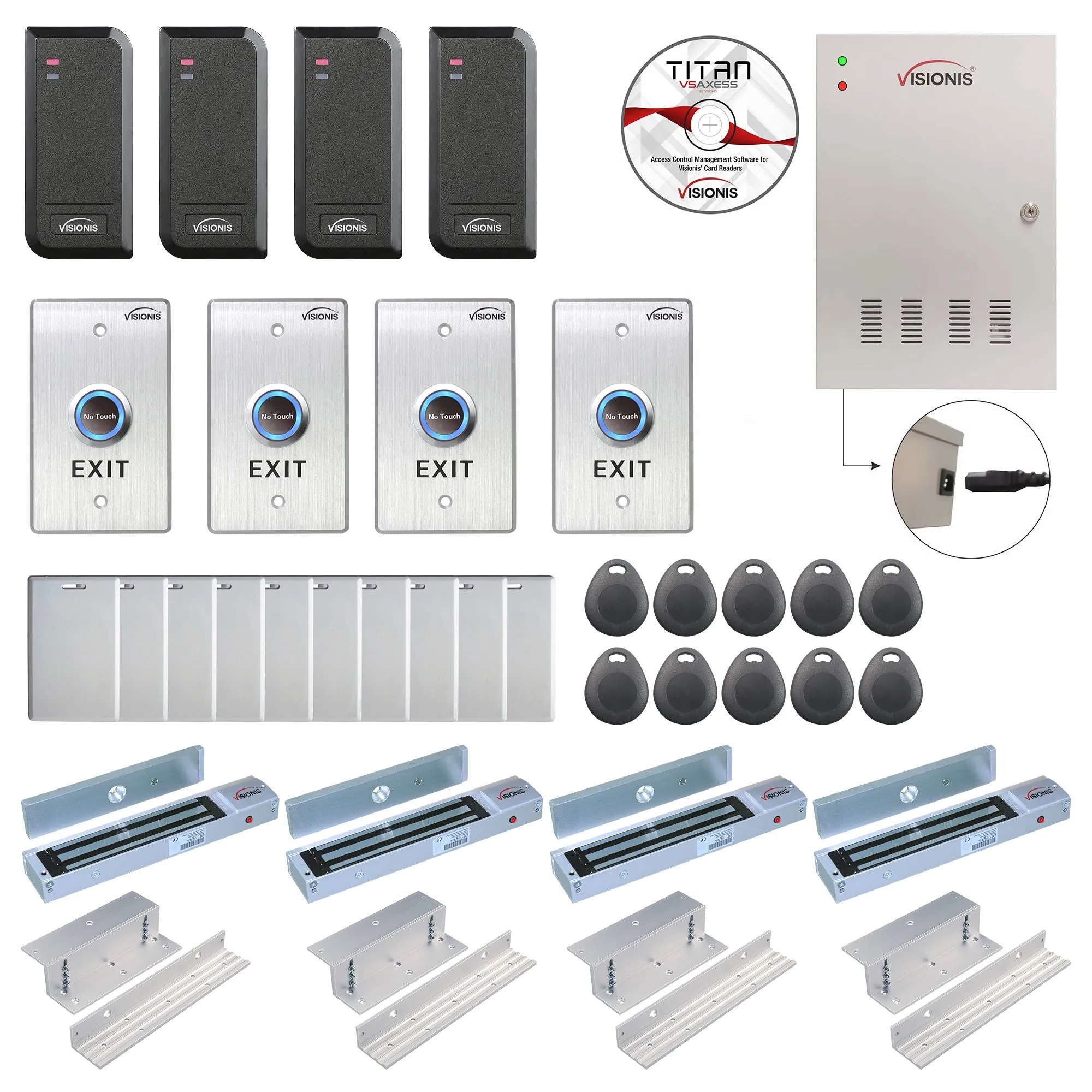 Visionis FPC-6206 Four Doors Access Control TCP/IP Wiegand For In Swing Door Electric 600lbs MagLock Controller Box   Black Indoor/Outdoor Card Reader   Software Included   20,000 Users