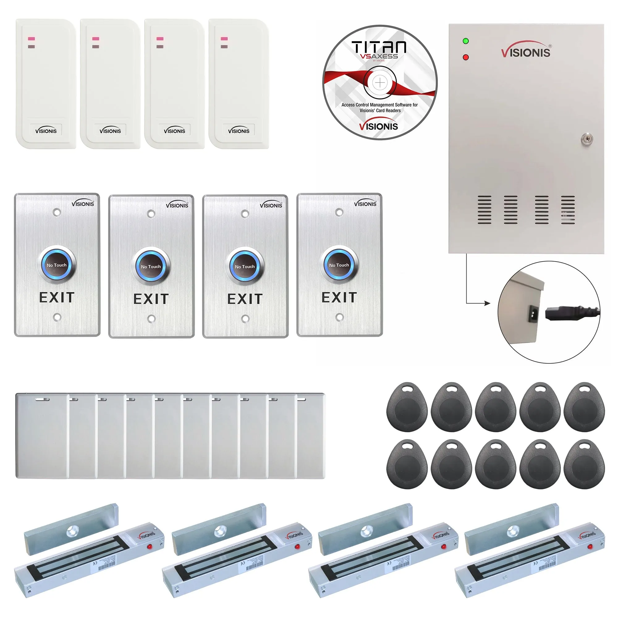 Visionis FPC-6549 Four Doors Access Control TCP / IP Wiegand Out Swing Door Electric 300lbs Mag Lock Controller Box   Indoor / Outdoor Card Reader   Software Included   20,000 Users Kit