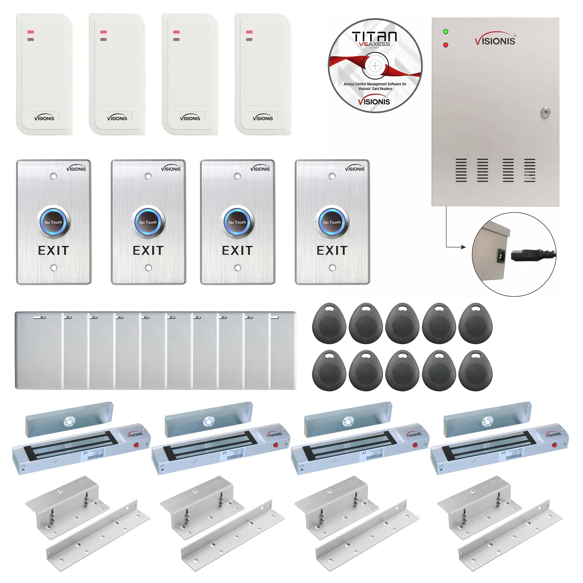 Visionis FPC-6550 Four Doors Access Control TCP/IP Wiegand For In Swing Door Electric 300lbs Mag Lock Controller Box   Indoor/Outdoor Card Reader   Software Included   20,000 Users Kit